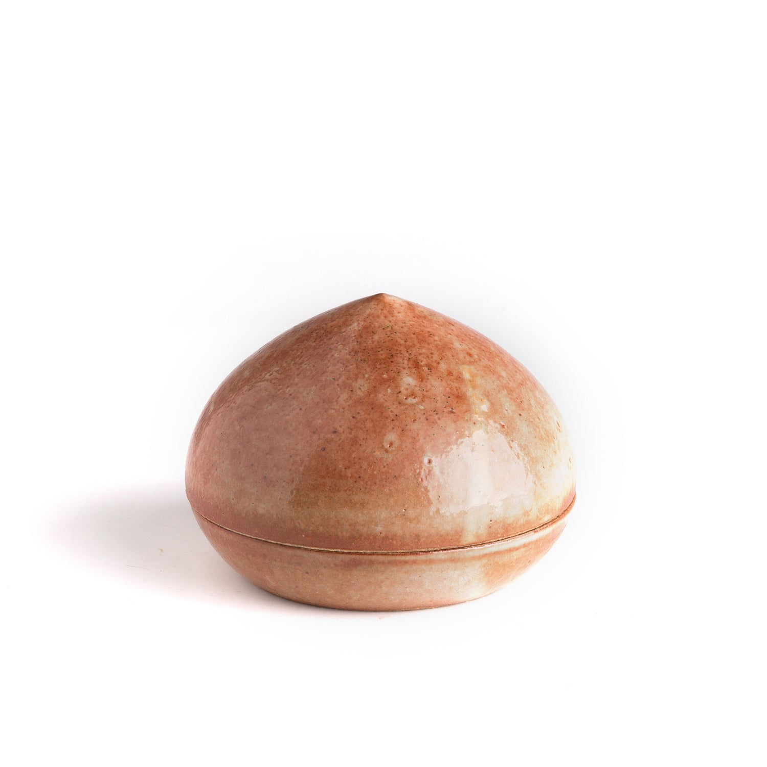 Milky Shino glaze incense container with soft blush tones