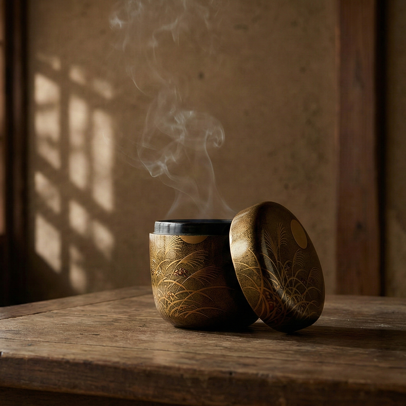 Ancien kōgō japonais en laque, orné de détails en maki-e doré, laissant s’élever un léger filet de fumée dans un décor serein et minimaliste, baigné par la douce lumière filtrant à travers des shōji.
