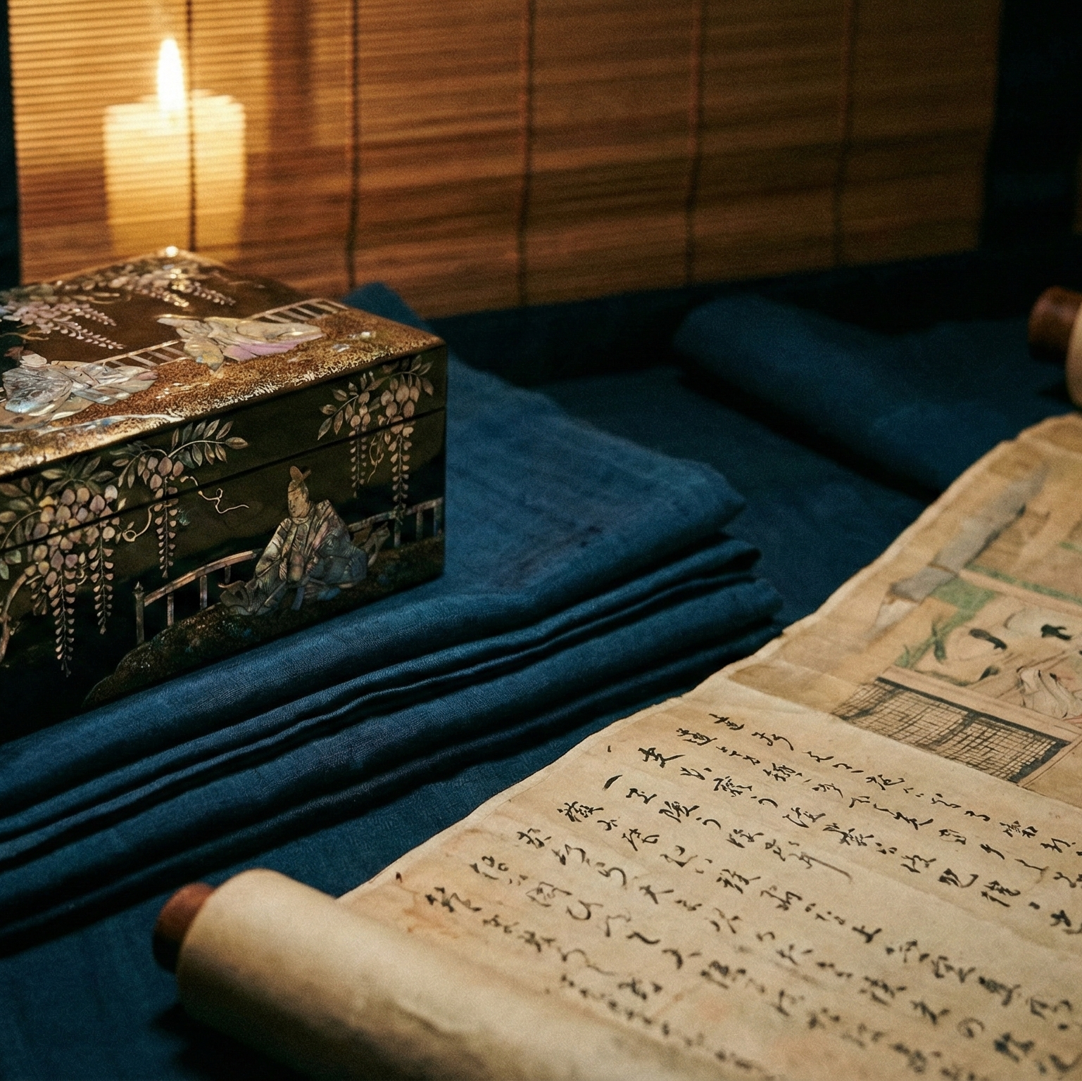 Ancien kōgō laqué orné d’incrustations de nacre, reposant aux côtés d’un rouleau de calligraphie japonaise ancien, déployé sur la soie.