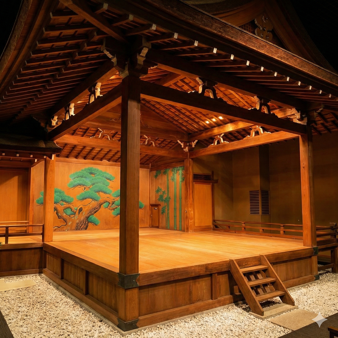 An empty traditional Japanese Noh stage built with polished cypress wood. It features a gabled roof supported by pillars and a back wall (kagami-ita) painted with a large, stylized pine tree. A side wall shows a bamboo painting. The stage is surrounded by white pebbles (shirasu) at its base, creating a serene and formal atmosphere.