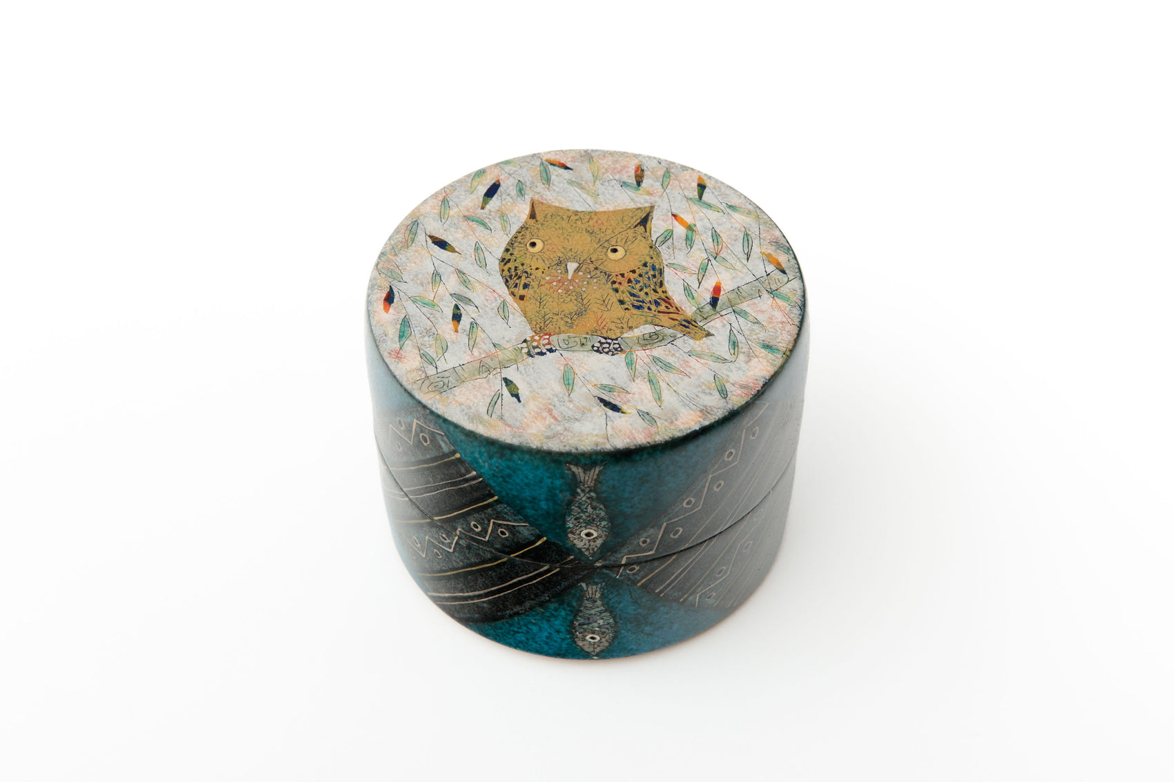 Front view of handcrafted japanese ceramic box with fish patterns and blue green glaze by Ito Hokuto | wanova