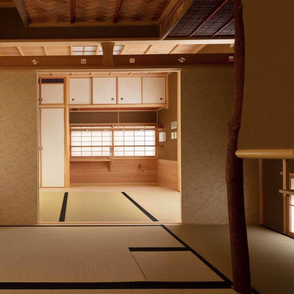 Connected tatami rooms with shoji and a woven bamboo ceiling, the spatial composition of Japanese tea room architecture.