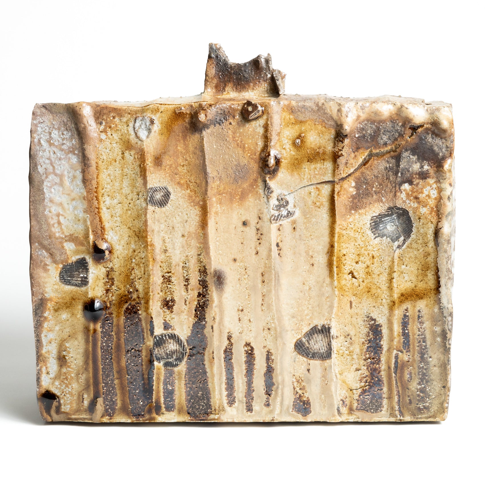 Ash covered kiln transformation shinogi flat hanaire by Ken Matsuzaki angled view