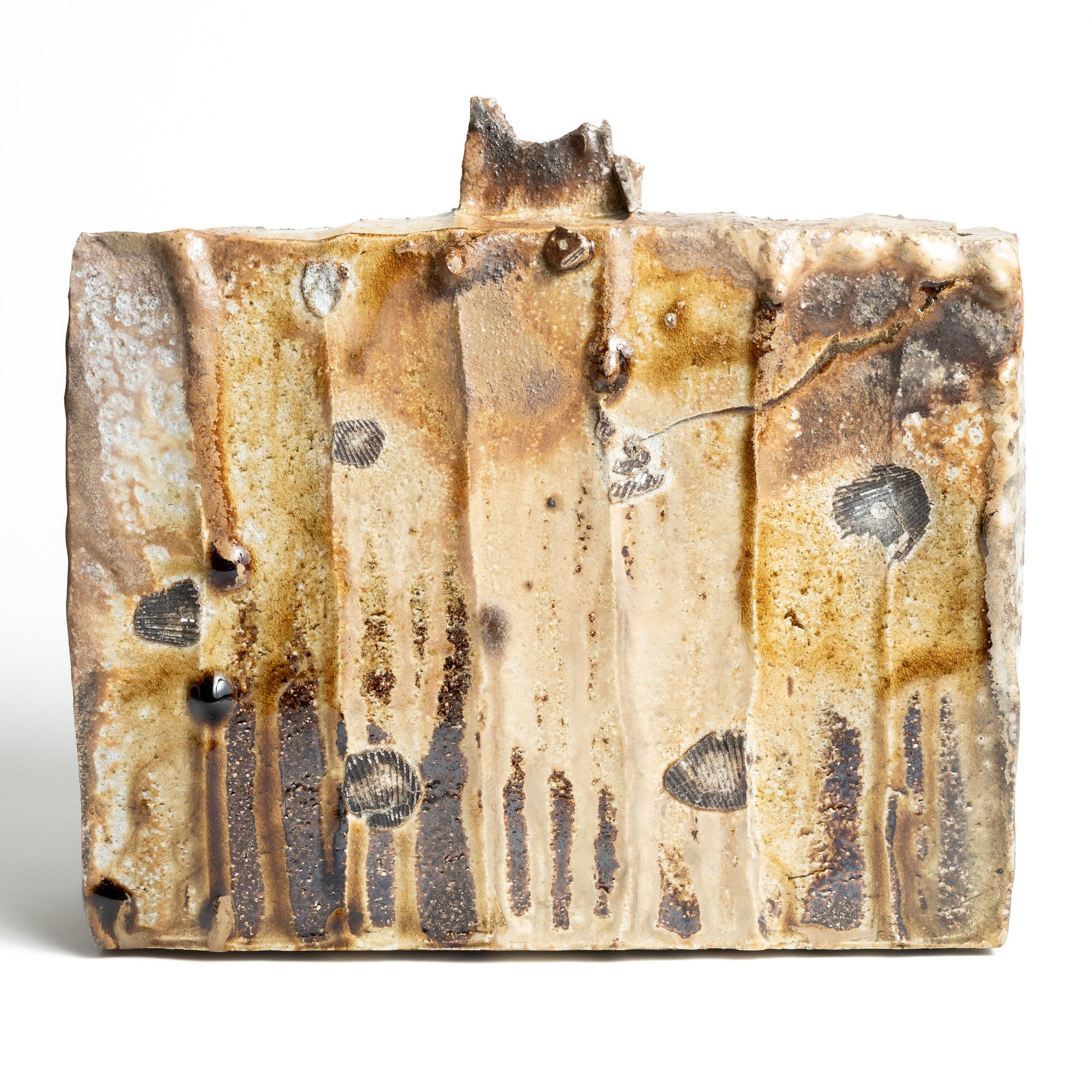 Ash covered kiln transformation shinogi flat hanaire by Ken Matsuzaki angled view