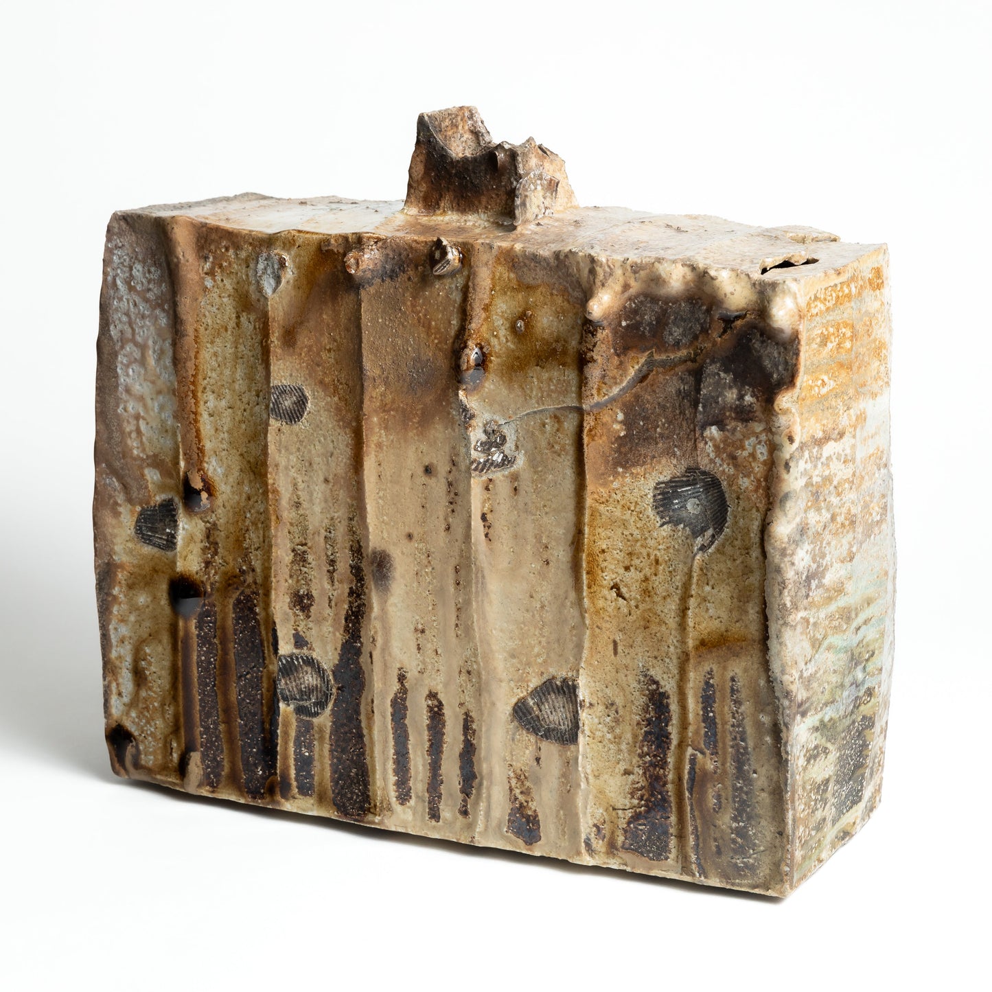 Ash covered kiln transformation shinogi flat hanaire by Ken Matsuzaki angled view