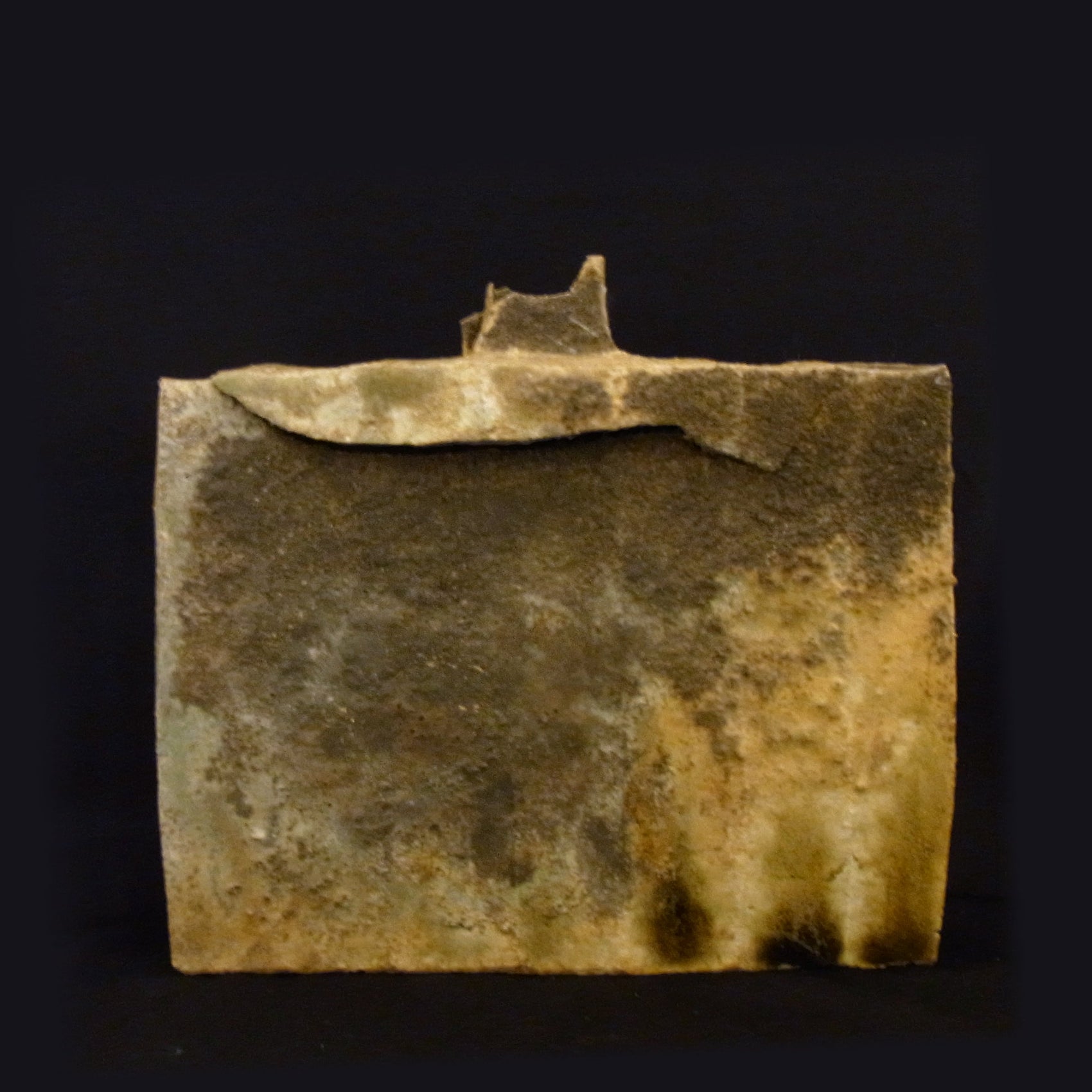 Ash covered kiln transformation shinogi flat hanaire by Ken Matsuzaki front view