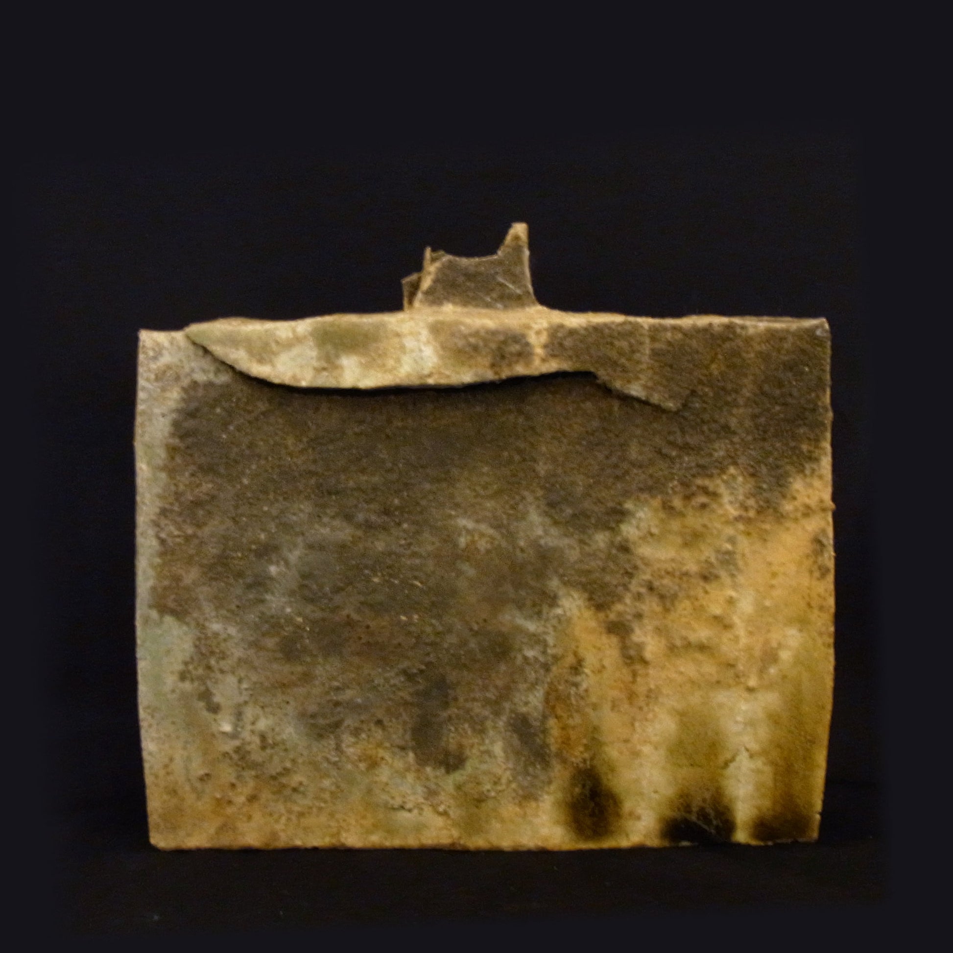 Ash covered kiln transformation shinogi flat hanaire by Ken Matsuzaki front view