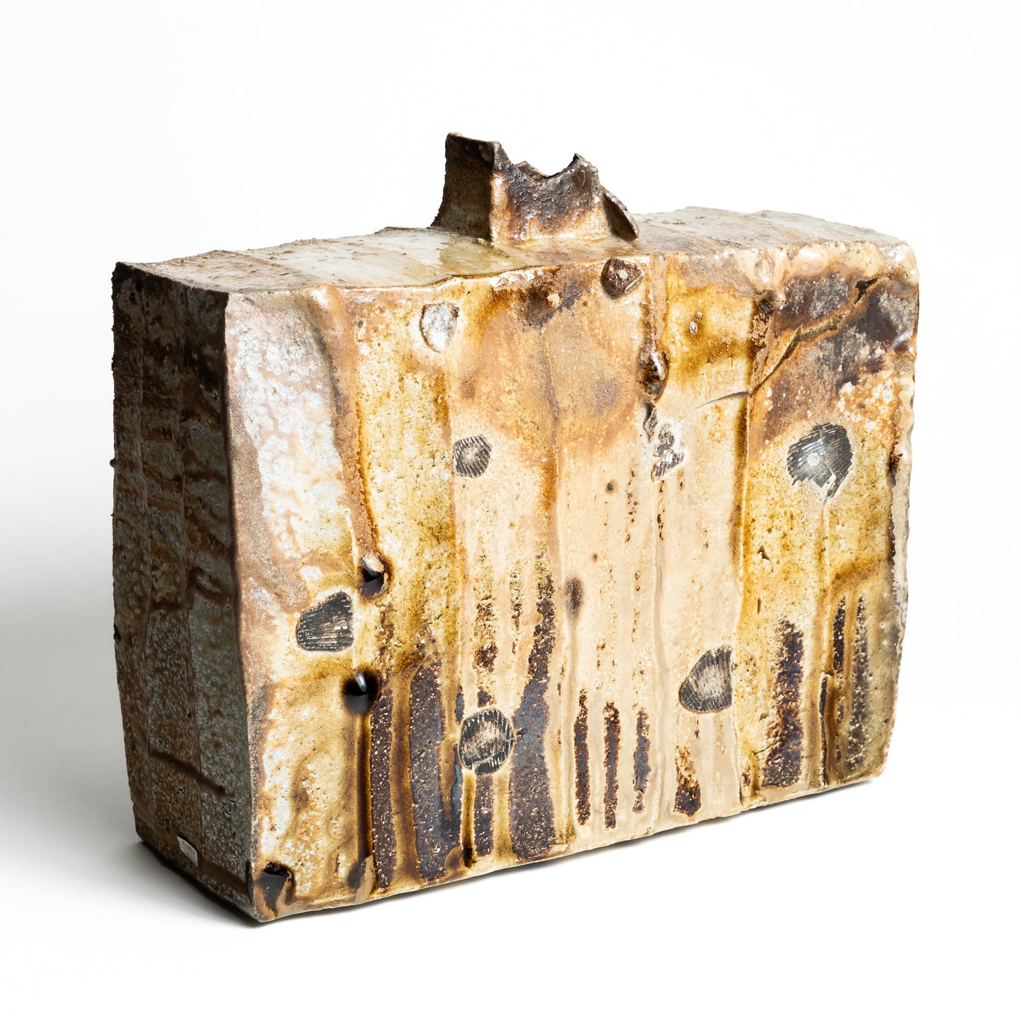 Ash covered kiln transformation shinogi flat hanaire by Ken Matsuzaki gallery view