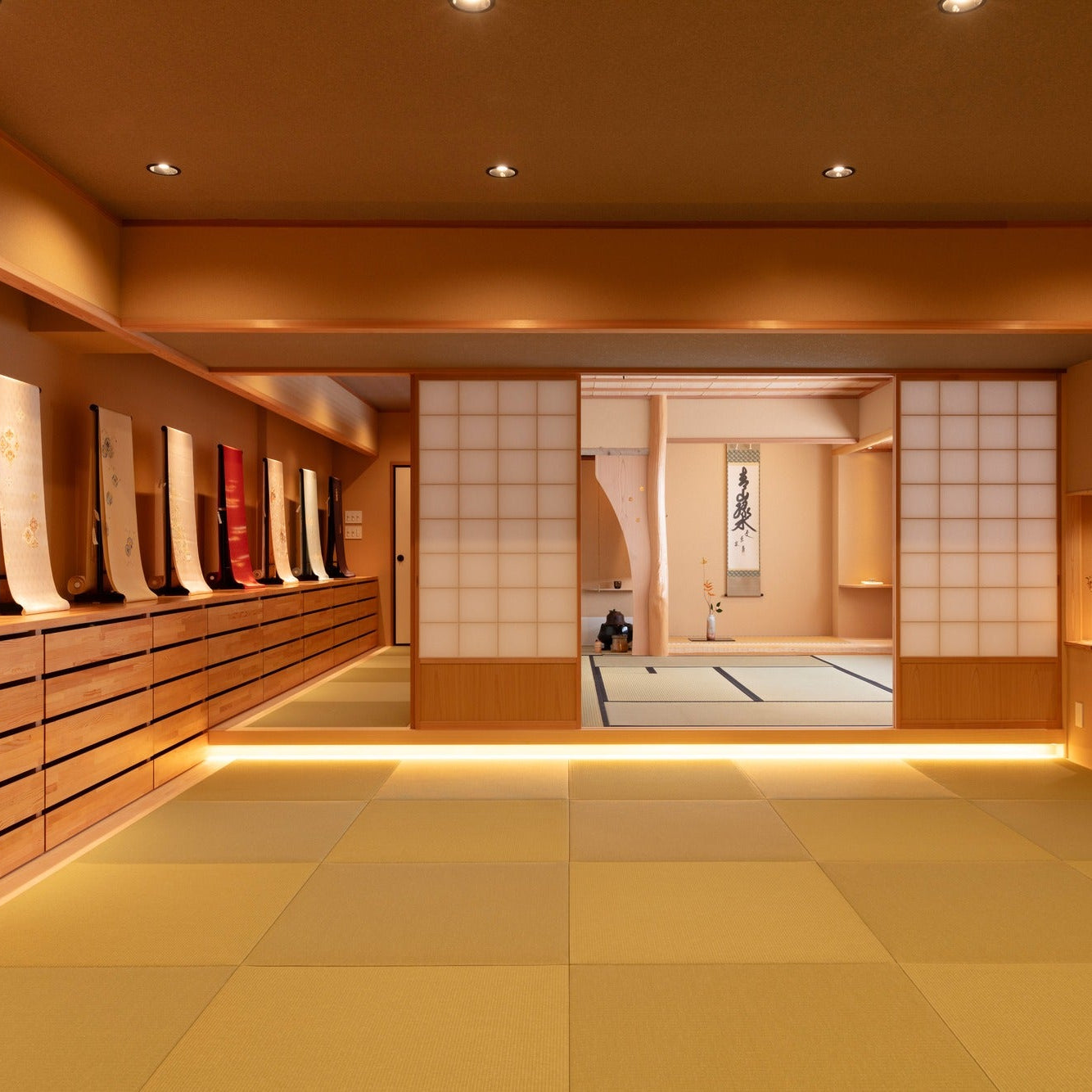 Obi display along a cedar chest, with a view through shoji into the inner tea room