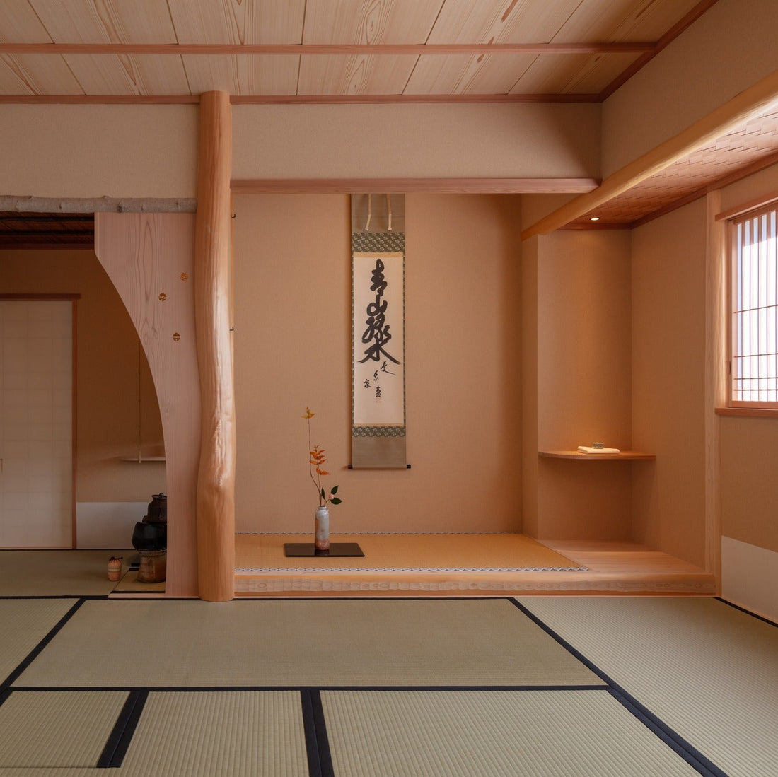Alcove with a calligraphy scroll and a single flower, refined Japanese architecture
