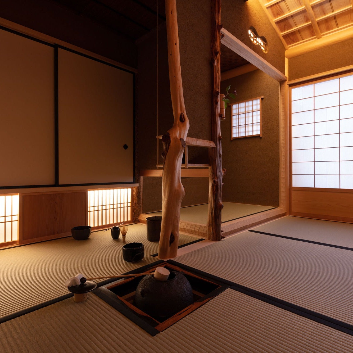 A tea room at dusk, its sunken hearth laid with utensils and a low latticed window glowing at floor level.