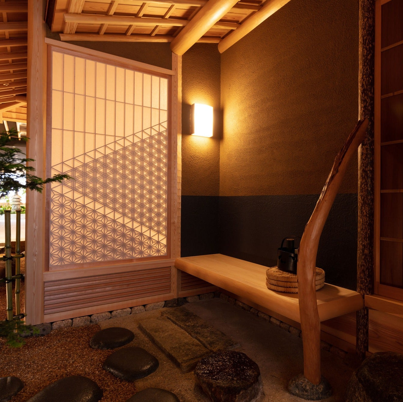 Close view of a timber bench below a glowing asanoha-patterned paper screen, with a slender natural post.