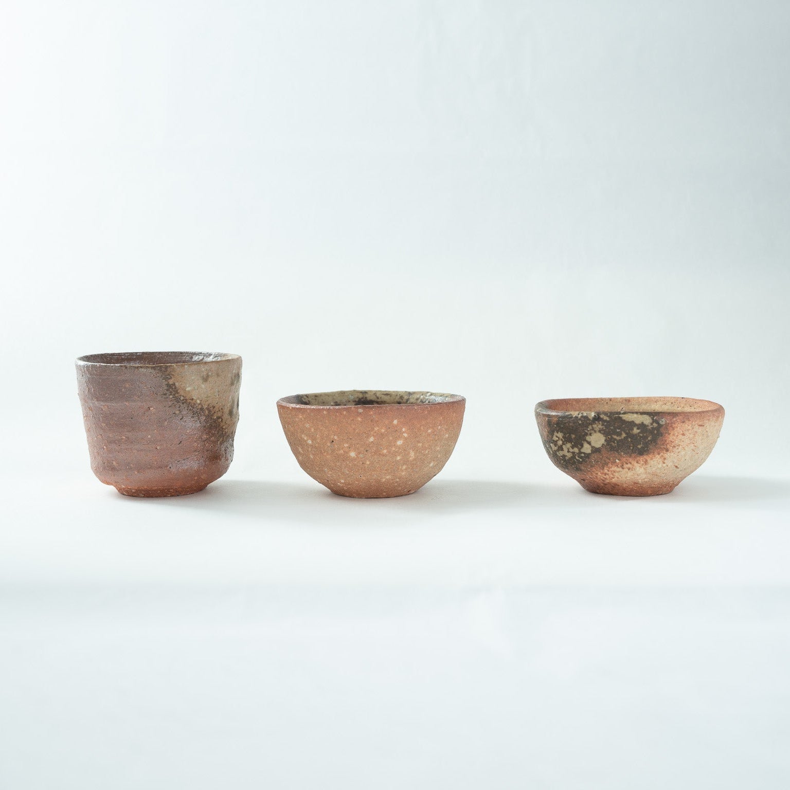 Rear view of the three Shigaraki GUINOMI, displaying the rich contrast of gray ash accumulation, iron spots, and pale clay tones across the set.