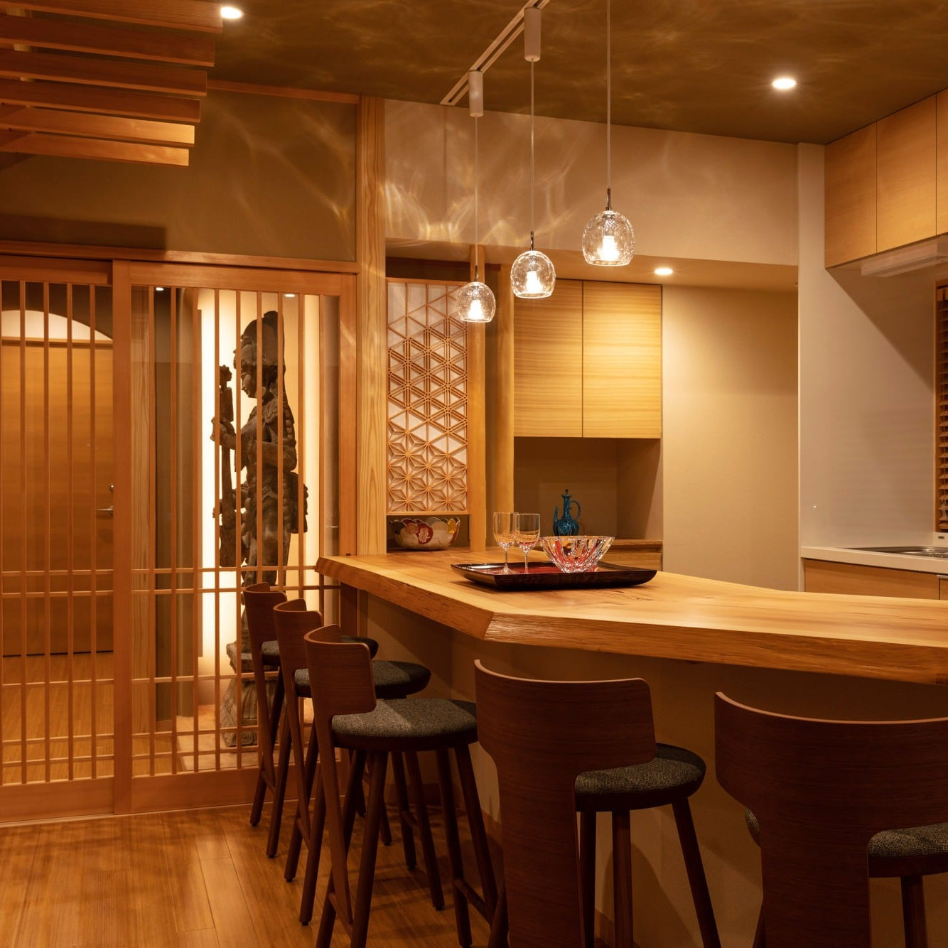Openwork transom carved with a circle, triangle and square in cedar grain, a fine detail of Japanese architecture.