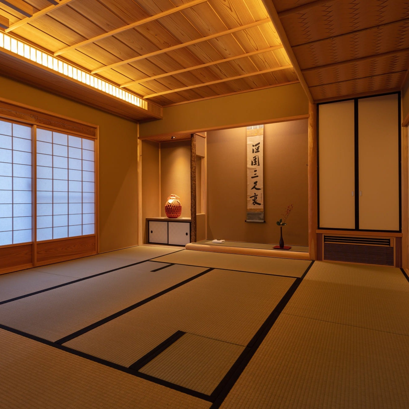 Eight-mat tatami room with a natural shibori log post, a tokonoma scroll and a woven-bamboo ceiling, a traditional Japanese interior in a Tokyo penthouse.