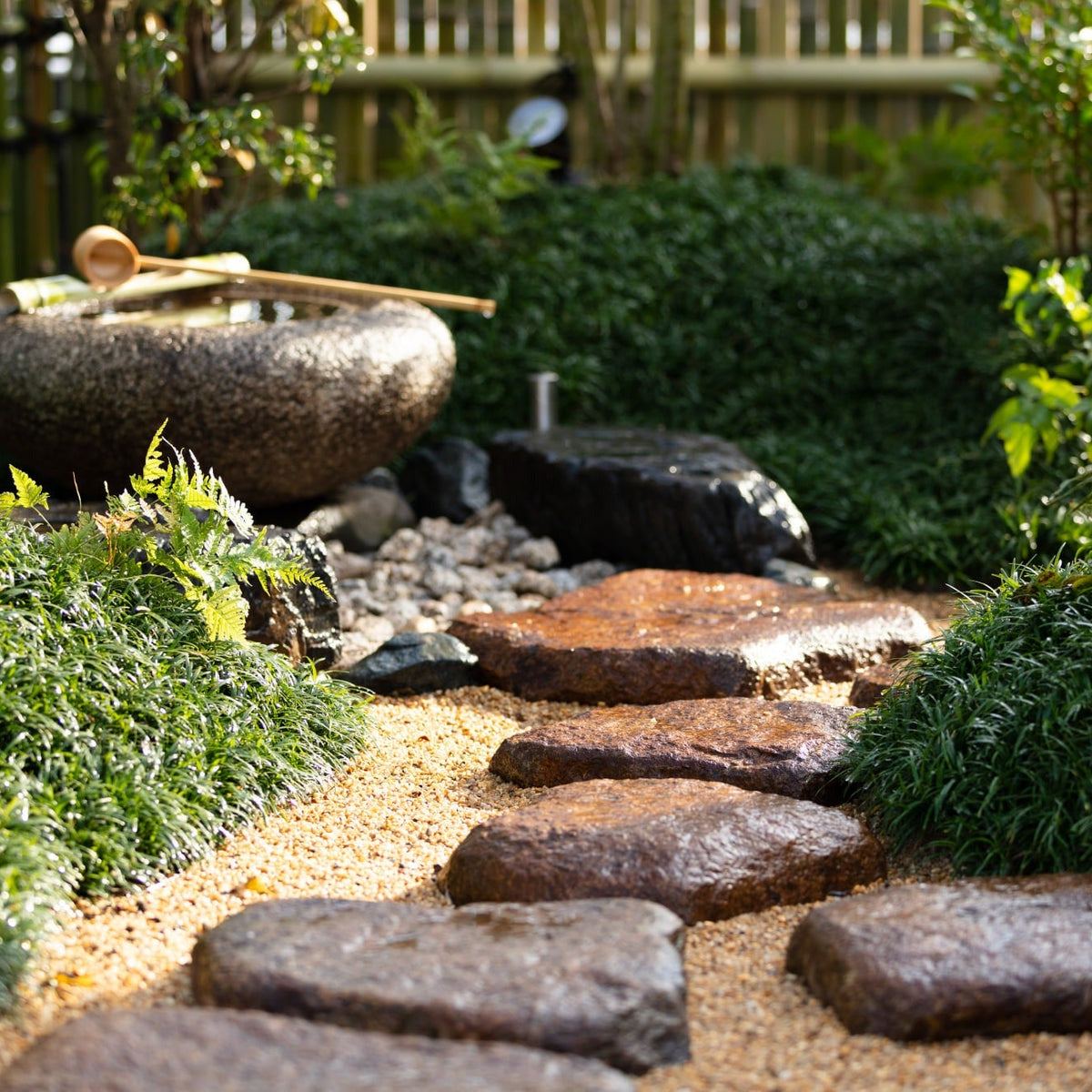 Stone tsukubai water basin with a bamboo ladle among ferns, mondo grass and stepping stones in a rooftop tea garden.