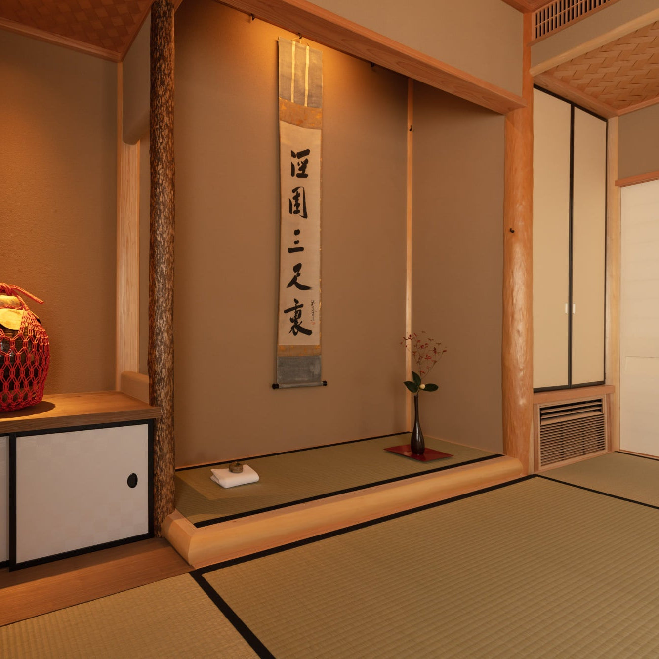 Traditional Japanese room featuring a softly lit tokonoma alcove with a hanging calligraphy scroll, a minimalist flower arrangement, and tatami flooring.