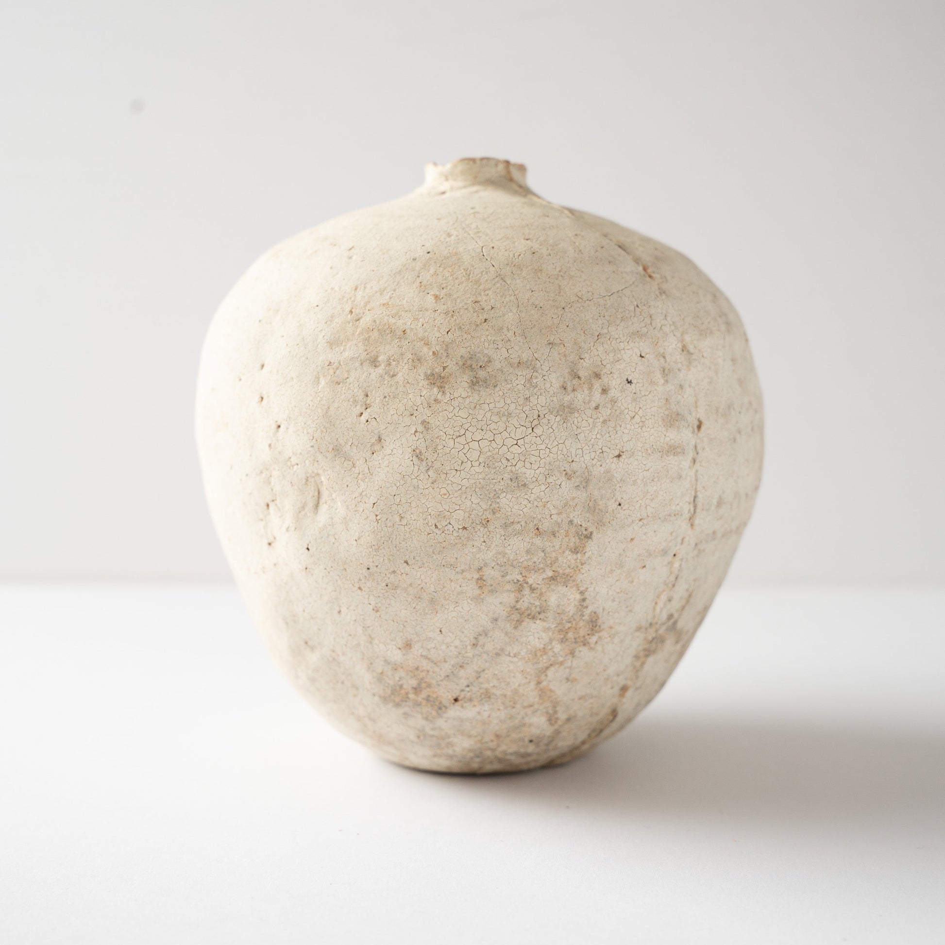 Eye-level side profile of Wataru Myosyu's Hakkoku Tada ceramic flower vase, highlighting the fruit-like spherical silhouette and chalky texture.